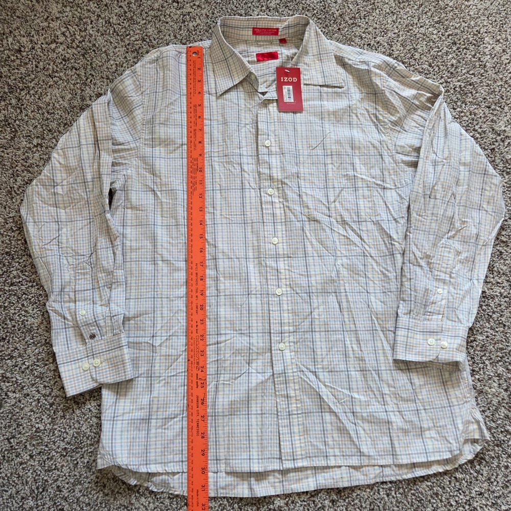 IZOD Luxury Sport Mens Large Plaid Button Down Shirt 80s 2-Ply Cotton Tan NWT - Picture 3 of 6